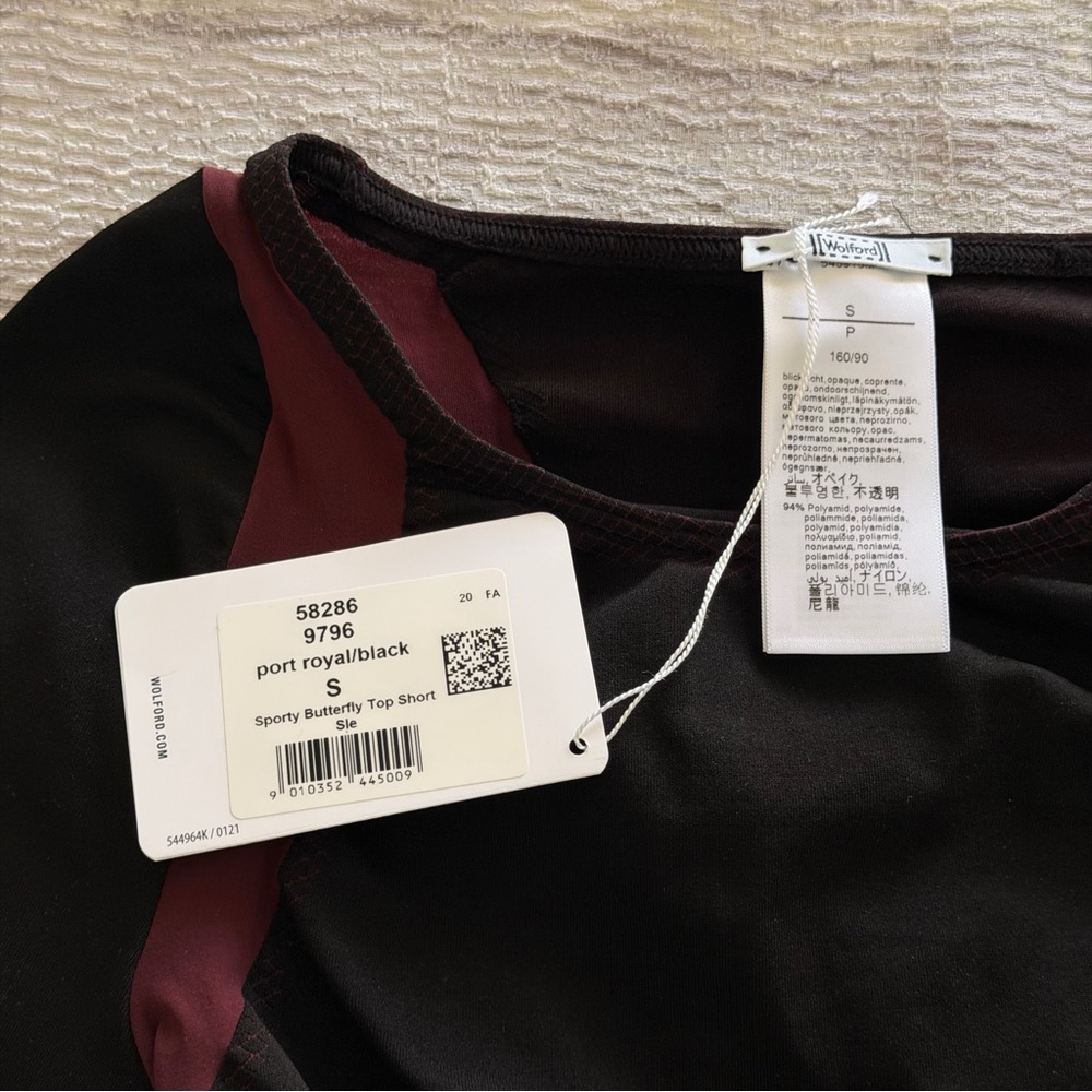 NWT Wolford Black Crop Sport Top with Burgundy Panels, Size S - Picture 3 of 6